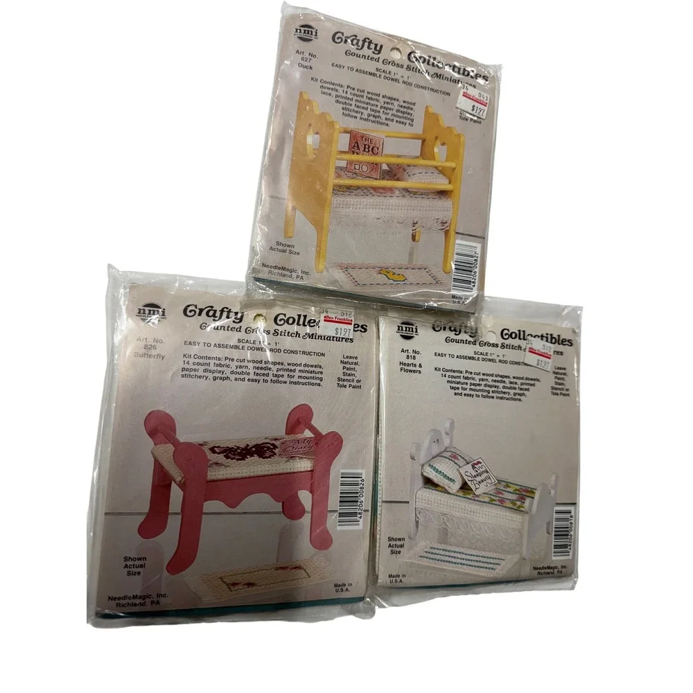 Lot 3 Vintage NeedleMagic Crafty Collectibles Cross Stitch Miniatures Kits Wood